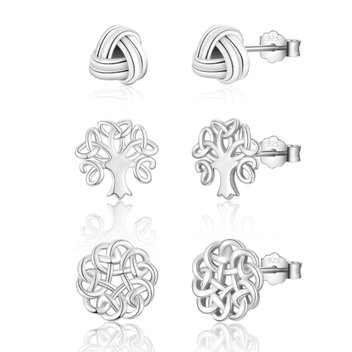 wynn's Damen Ohrringe Silber 925, 3 Paar Ohrstecker Set Lebensbaum Ohrringe&Keltischer Knoten Schmuck mit Geschenkbox für Damen Herren von wynn's