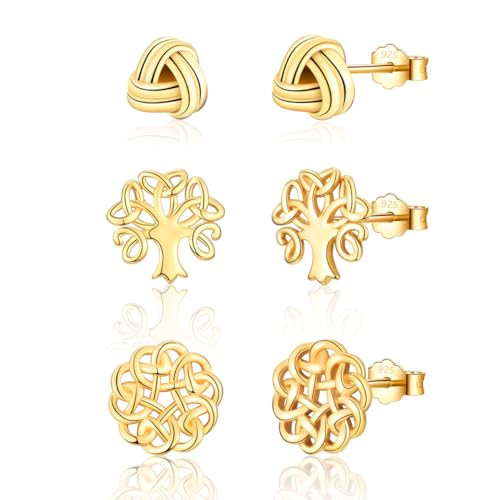 wynn's Ohrringe Gold, 3 Paar Lebensbaum Ohrringe& Keltischer Knoten Ohrringe Gold Set 14K Vergoldet Ohrstecker Gold Schmuck mit Geschenkbox für Damen Herren von wynn's