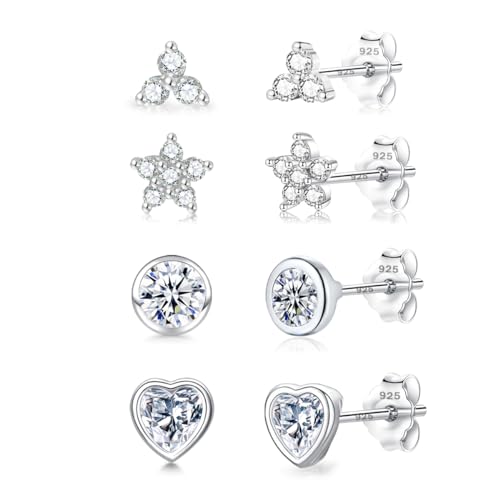 wynn's Ohrringe Silber 925 Stecker, 4 Paar Ohrstecker Silber 925 Set Cubic Zirkonia Kleine Hypoallergen für Damen Mädchen, Ohrstecker Set für mehrere Piercings 4mm*4 von wynn's