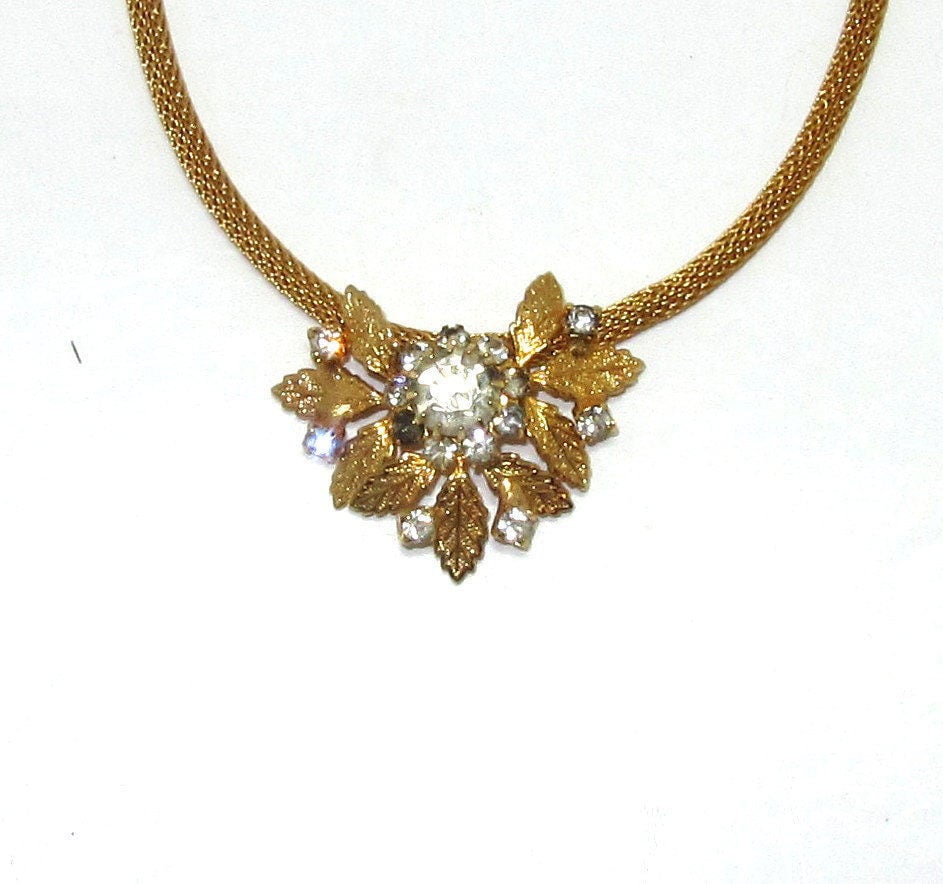 Vintage Strass Halskette Gold-Ton 16 "Floral Blatt-Design Dicke Mess Seil Kette Modeschmuck 50Er 60Er Jahre Mcm Midcentury Mod Vintage Strass Halskette Gold-Ton 16 "Floral Blatt-Design Dicke Mess Seil Kette Modeschmuck 50Er 60Er Jahre Mcm Midcentury Mod von wynnsantiques