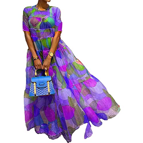 Afrikanisches, böhmisches, mit Blumenmuster bedrucktes, durchsichtiges Mesh-Kleid für Damen, kurzärmlig, lockeres Swing-Maxi-Strandkleid in Übergröße von xHxttL