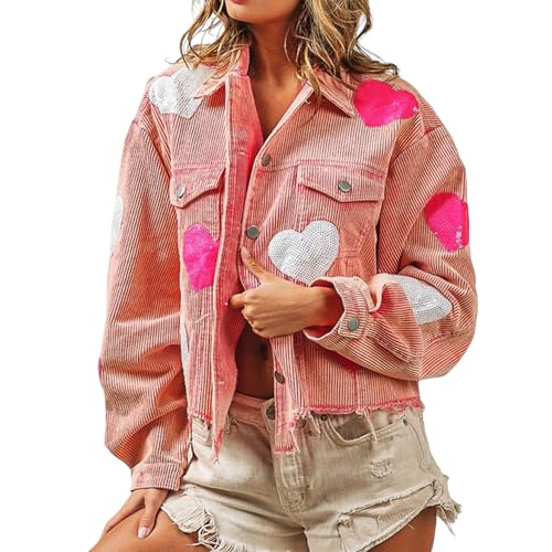 xHxttL Kurz geschnittene Damen-Cordjacke mit Distressed-Herz-Pailletten-Patch, Knopfleiste und ausgefranstem Saum, kurzer Shacket-Oberbekleidungsmantel von xHxttL