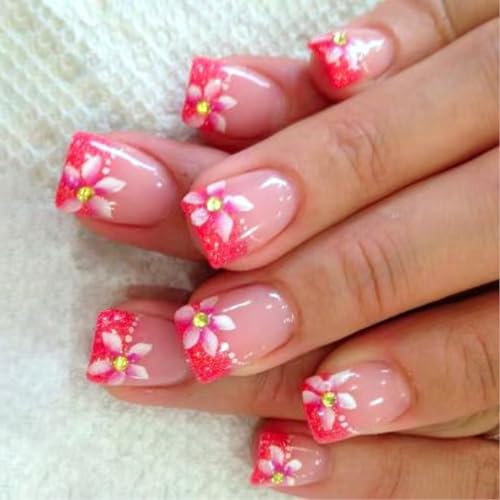 24 Stück Frühlingsblumen-Design, kurze quadratische Nägel zum Aufdrücken, Glitzer, französische Kunstnägel, Acryl, zum Aufkleben auf Nägel für Frauen 24 Stück Frühlingsblumen-Design, kurze quadratische Nägel zum Aufdrücken, Glitzer, französische Kunstnägel, Acryl, zum Aufkleben auf Nägel für Frauen von xbiez