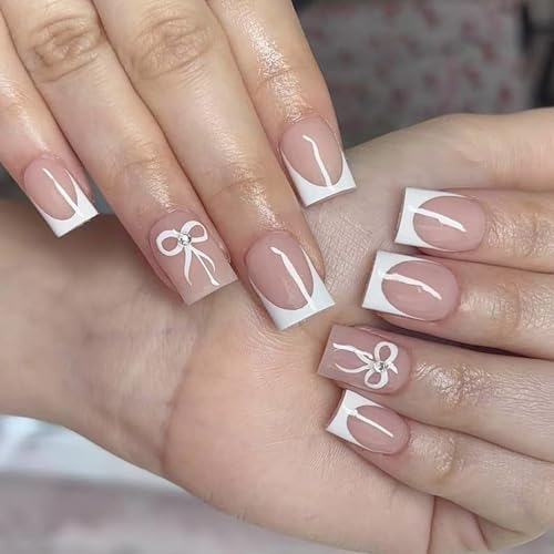 24 Stück kurze quadratische Nägel zum Aufkleben auf Bögen, vollständige Abdeckung, falsche Nägel, französische Spitze, Maniküre-Zubehör für Damen von xbiez