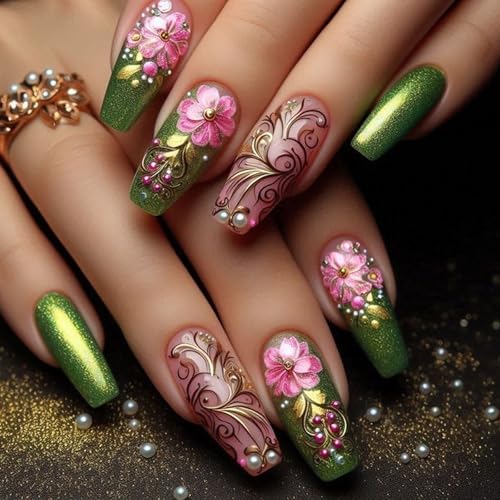 24-teiliges Frühlingsnägel-Set zum Aufdrücken, Sarg, künstliches Set, grünes Blumenmuster, Stick für Frauen, die einzigartige Stile suchen, Nägel aufkleben von xbiez