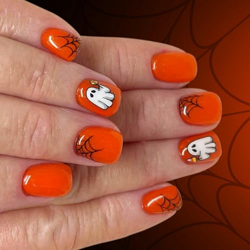 Halloween gefälschte Nägel Set mit 24 glitzernden Nägeln mit Design Kürbisfarben ABS Press on Nails für Frauen Spinnennetz Press on Nail von xbiez