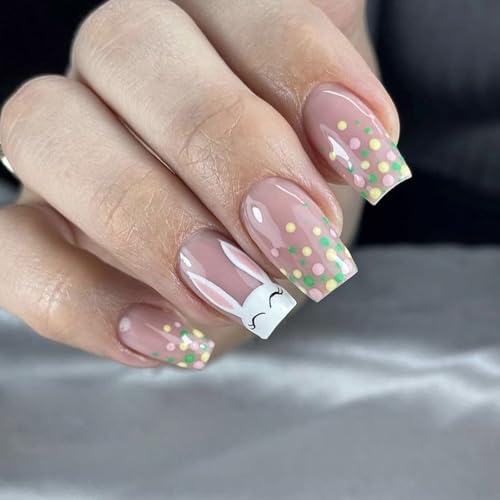 Künstliche Osternägel, quadratisch, Kaninchen, zum Aufdrücken, Maniküre, Nagelkunst, einfache Anwendung für Frauen und Mädchen, 24 Stück von xbiez