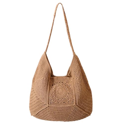 xbiez Damen-Handtasche Trend Achseltasche Mode Stroh Schultertasche Hohl Strand Urlaub Unterarm für Reisen Urlaub Frauen Strand Stroh Unterarm Große Kapazität Schulter Mode Handtasche, coffee, One von xbiez