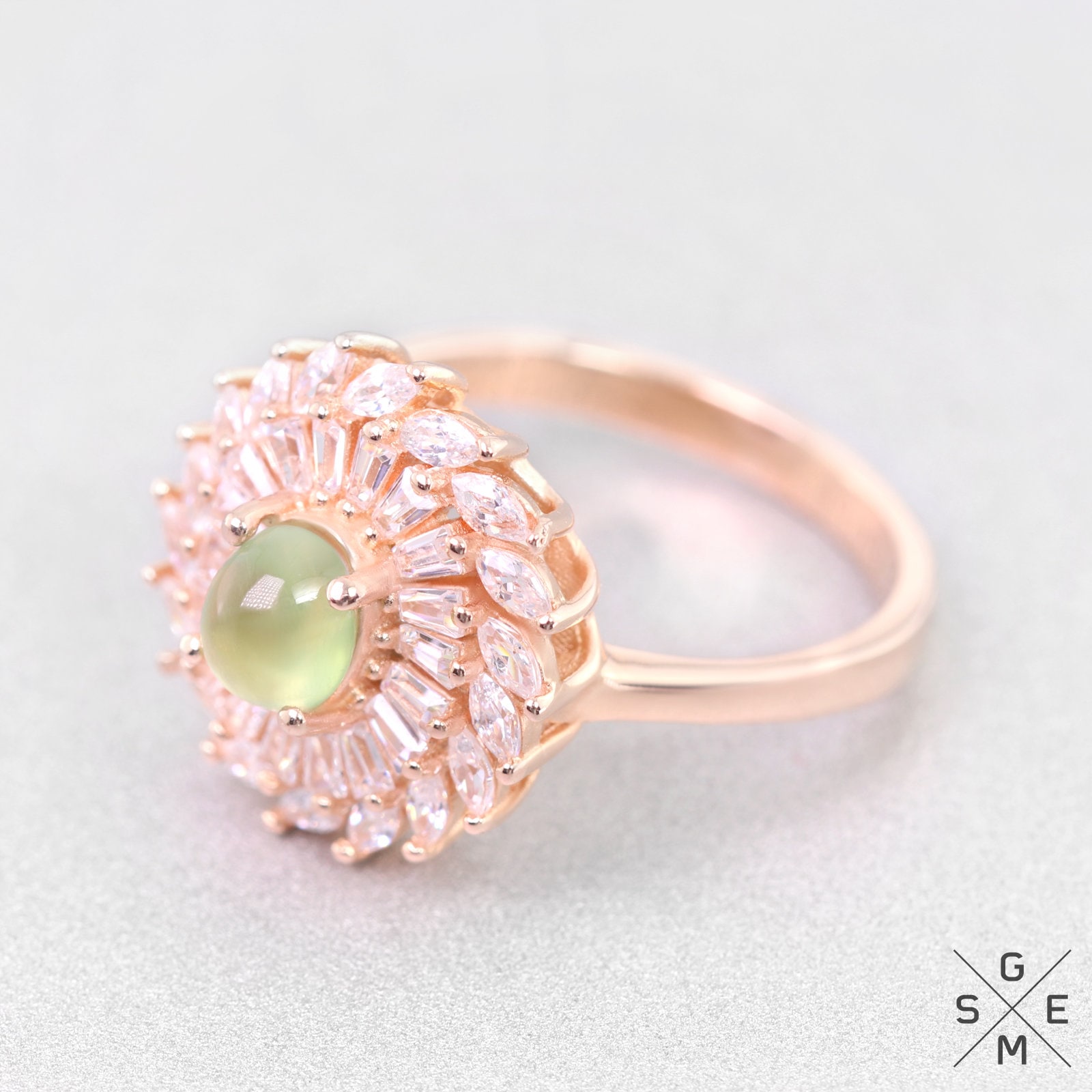 Natürlicher Grüner Prehnit Ring Weiß Cz 925 Sterling Silber Rose Gold Vergoldet 7, 5 Us Natürlicher Grüner Prehnit Ring Weiß Cz 925 Sterling Silber Rose Gold Vergoldet 7, 5 Us von xgems