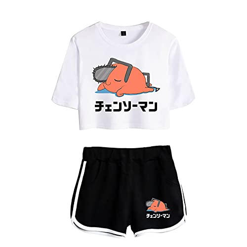 xhomeshop Chainsaw Man Crop Tops und Shorts Anzüge Anime Pochita Bedrucktes Sweatshirt Trainingsanzug 2 Stück Sets für Frauen Teenager Mädchen von xhomeshop