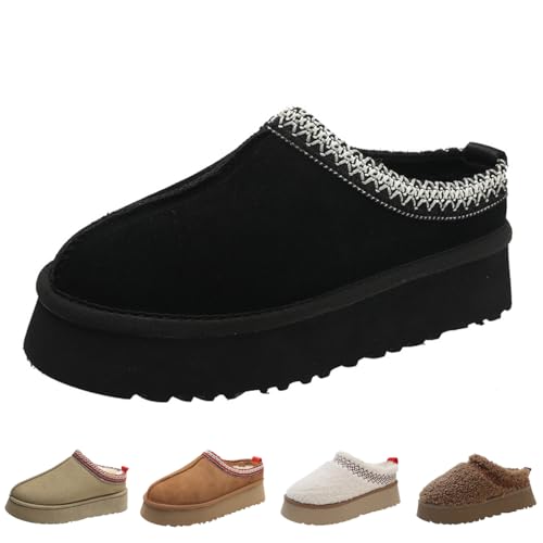 xhuoqdk Winter-Plüsch-Plattform-Stiefel, modisch, für Damen, mit Pelz, Fleece gefütterte flauschige Hausschuhe, bequem und warm, für drinnen und draußen, rutschfest, kurze Mini-Knöchelstiefel, Schwarz von xhuoqdk