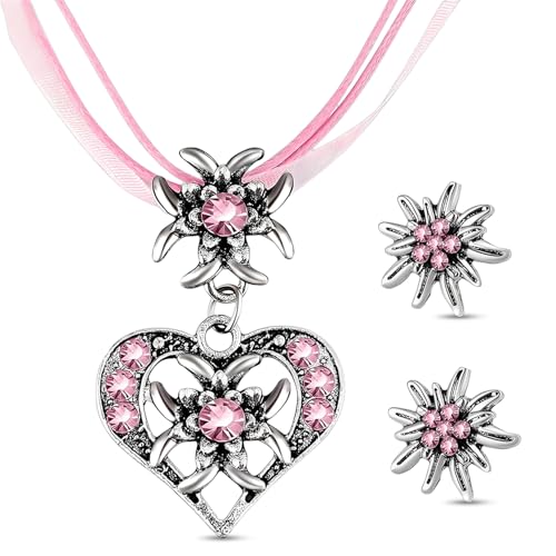 xianshi 3 Stück Dirndl Schmuck Damen,Trachtenschmuck Damen,Oktoberfest Accessoires,Schmuck Zubehör Set,Kette Haarreif Haarschmuck Haarschmuck KostüM(Rosa) von xianshi