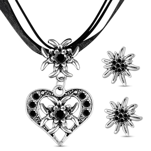 xianshi 3 Stück Trachtenschmuck Damen,Oktoberfest Accessoires,Dirndl Accessoires Damen,Schmuck ZubehöR Set,Kette Haarreif Haarschmuck Haarschmuck KostüM (Schwarz) von xianshi