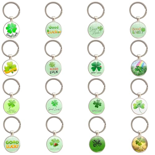 xianynow 16 Stück Glücksbringer Schlüsselanhänger, Kleeblatt Anhänger Set, Glücksbringer für Kinder und Erwachsene, Vierblättriges Kleeblatt Schlüsselanhänger für Schule, Tasche und Schlüssel von xianynow