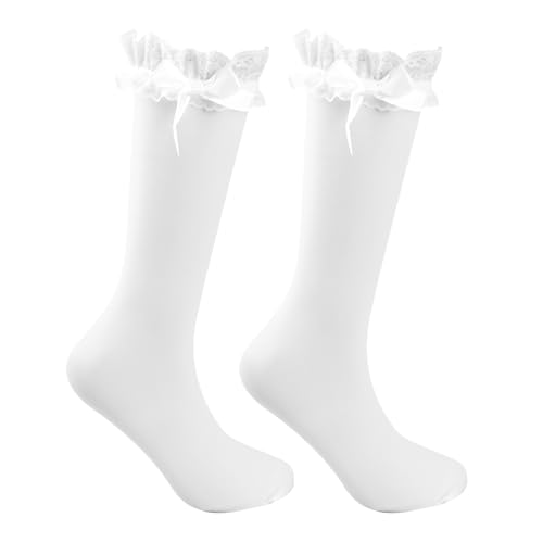 xianynow Kniestrümpfe Damen Weiß, Socken mit Rüschen Damen mit Schleife Süße Spitzen Besatz kniestrümpfe, Elegante Dirndl Socken Hohe Strümpfe für Mädchen - Weiß von xianynow