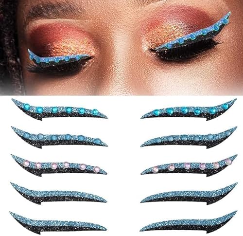 Glitter Eyeliner Aufkleber mit Strass Kleber Eye Line Strip wiederverwendbare Eyeshadow Aufkleber, Eyeliner Aufkleber (schwarz, 10 Paare) von Xiao