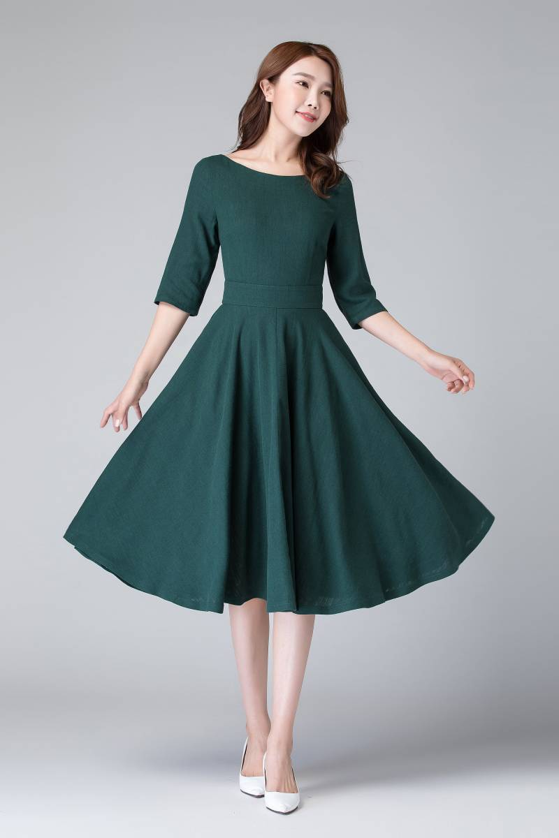 Bescheidenes Midikleid, Halbarm Leinen Swingkleid, Damenkleid, Fit Und Flare Kleid, Hauskleid Mit Taschen, Partykleid 1903 # von xiaolizi