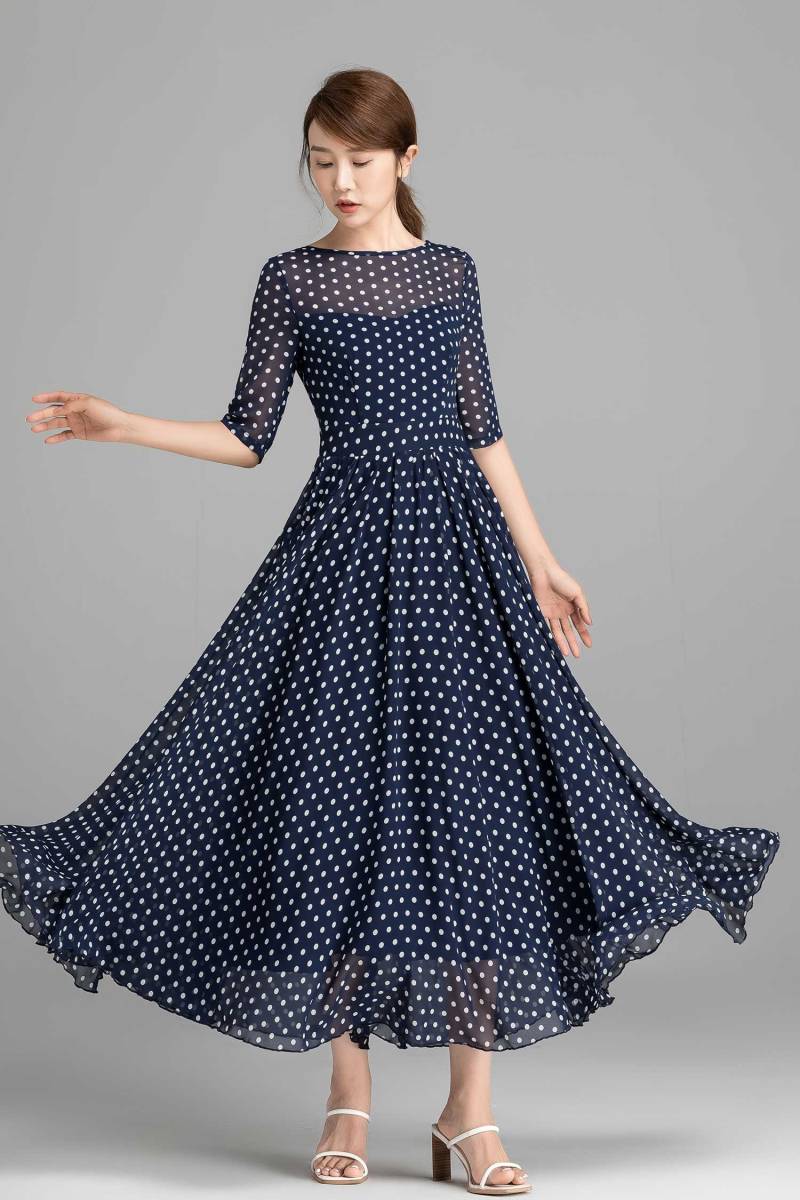 Blau-Weißes Tupfen-Chiffonkleid, Maxikleid, Sommerkleid, Frauenkleid, Bohemian-Kleid, Partykleid 2354 # von xiaolizi