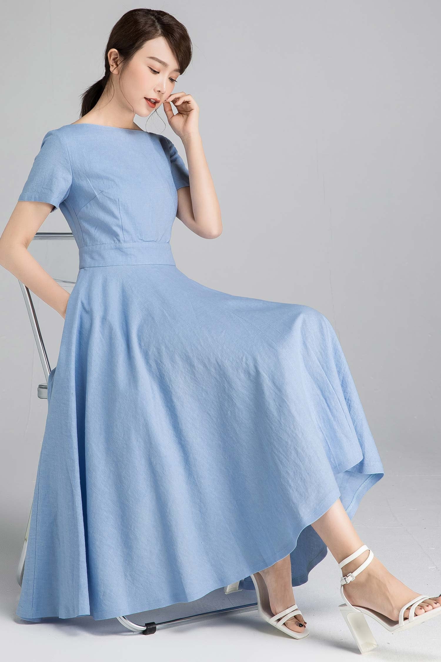 Blaues Leinenkleid, New Style Fit Und Flare Midi-Kleid, Leinenkleid Mit Taschen, Damenkleid, Sommerkleid, Boot-Ausschnitt-Teilkleid, Kleid 2341# von xiaolizi