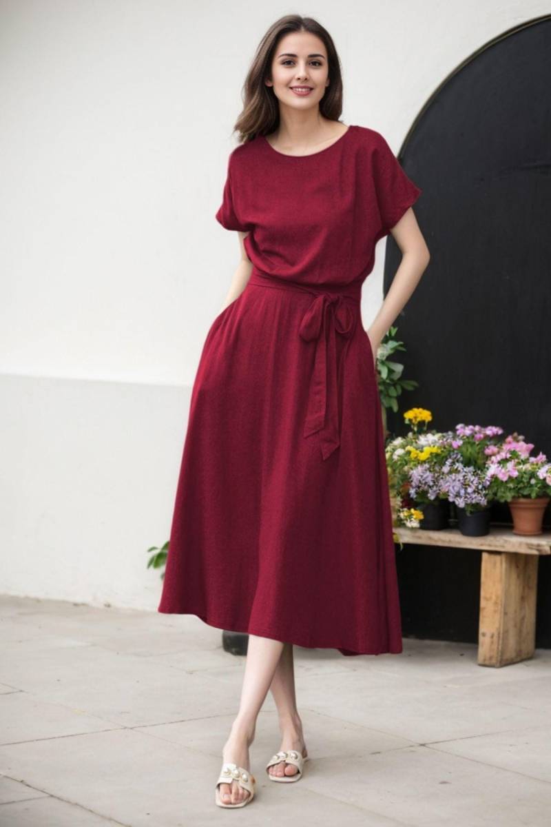 Burgunderfarbenes Midikleid Aus Leinen A-Linien-Kleid Mit Gürtel Und Taschen, Individuell, Xiaolizi 5863 von xiaolizi