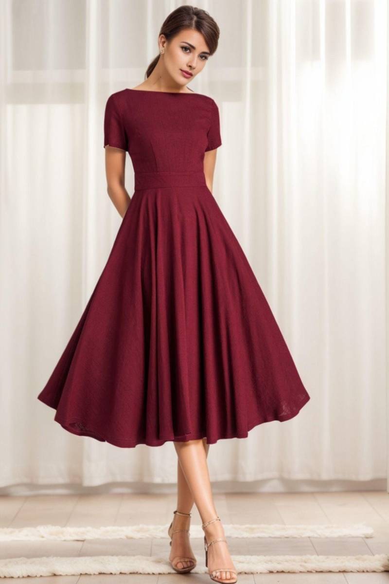 Fit Und Flare Midi Kleid in Burgund, U-Boot Ausschnitt Swing Mit Taschen, Kurzarm Party Kleid, Für Die Braut 2336 # von xiaolizi