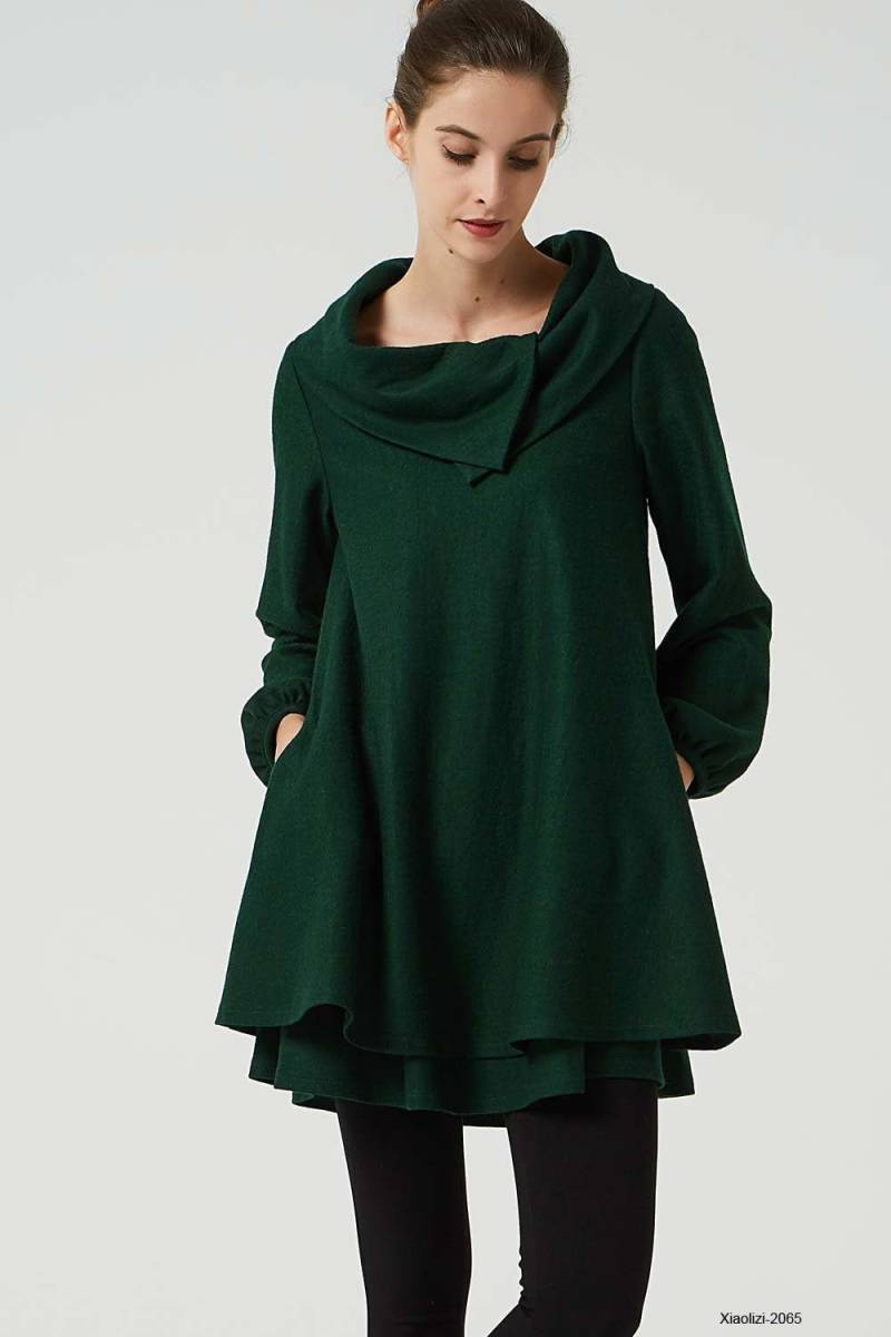 Grüne Wolle Tunika Winterkleider Für Frauen, Locker Sitzendes Herbst Kleid, Lagen Damen Kleid in Übergröße Xiaolizi 2065 von xiaolizi
