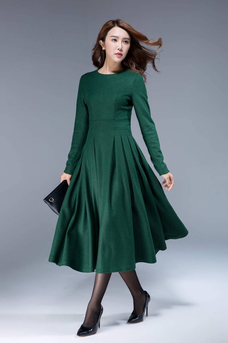 Grünes Kleid, Wollkleid, Midikleid, Faltenkleid, Fit & Flare Winterkleid, Elegantes Damenkleider, Kleid Für Übergrößen 1811# von xiaolizi
