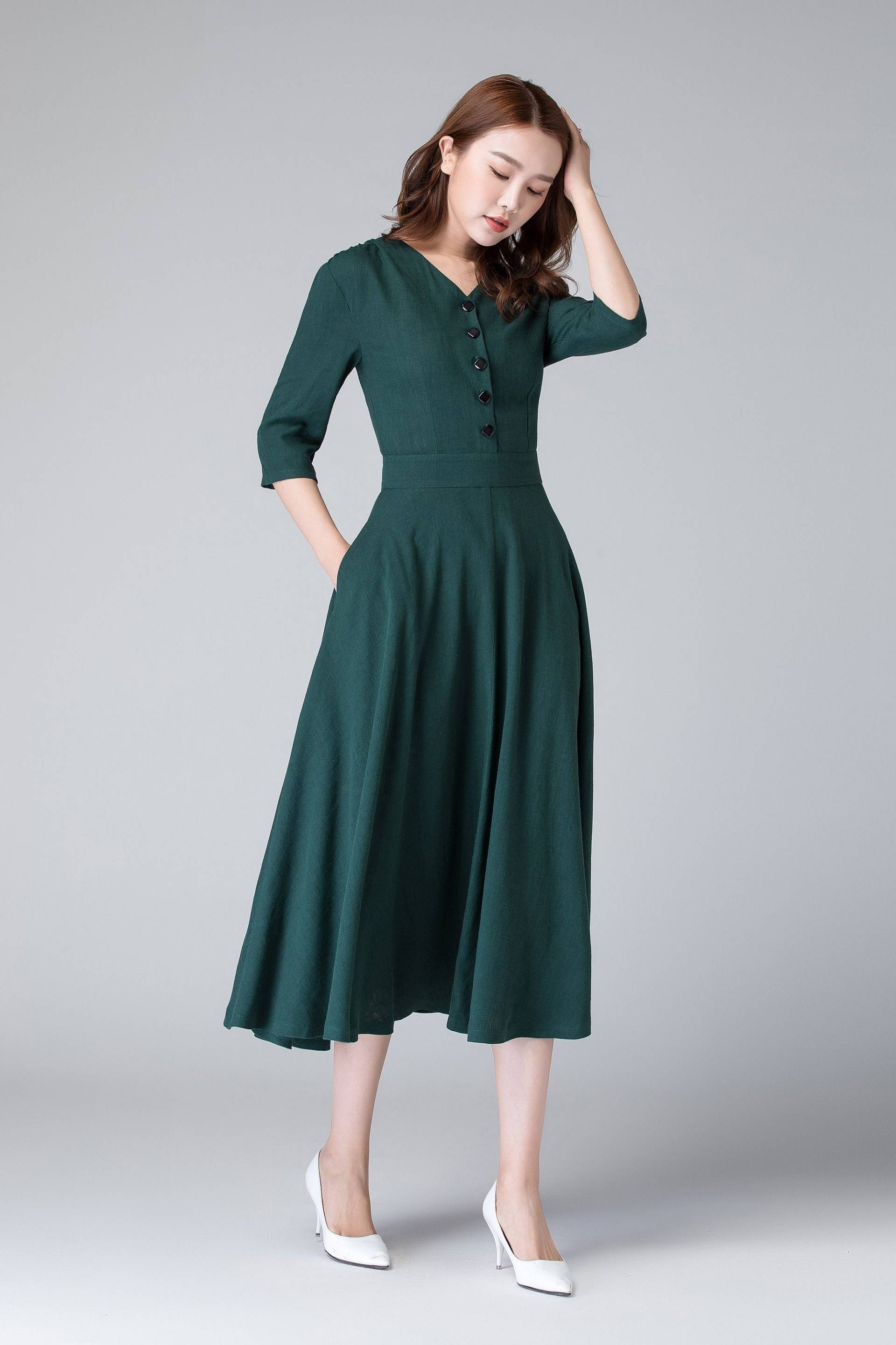 Shirtwaist-Kleid, Button-Up-Leinenkleid, Kurzärmeliges Leinen-Midikleid Mit Tasche, Grünes Kleid, Sommerleinenkleid, Damen-Leinenkleid 1906# von xiaolizi