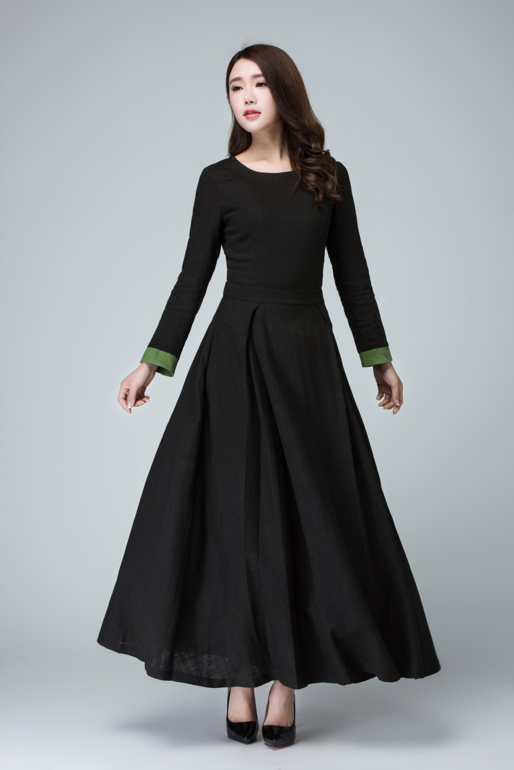 Langarm Maxi Kleid in Schwarz, Leinenkleid, Damenkleid, Abschlusskleid Für Frauen, Voller Länge, Vertrag Manschetten Long Party 1450 # von xiaolizi