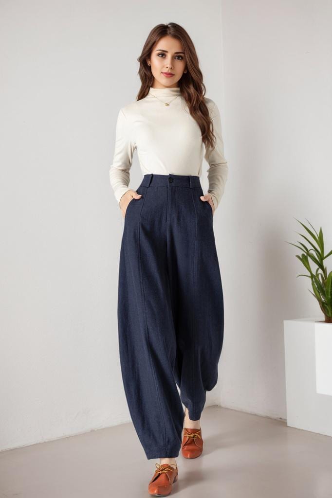 Marineblaue Leinenhose Mit Weitem Bein, Laternenstil von xiaolizi