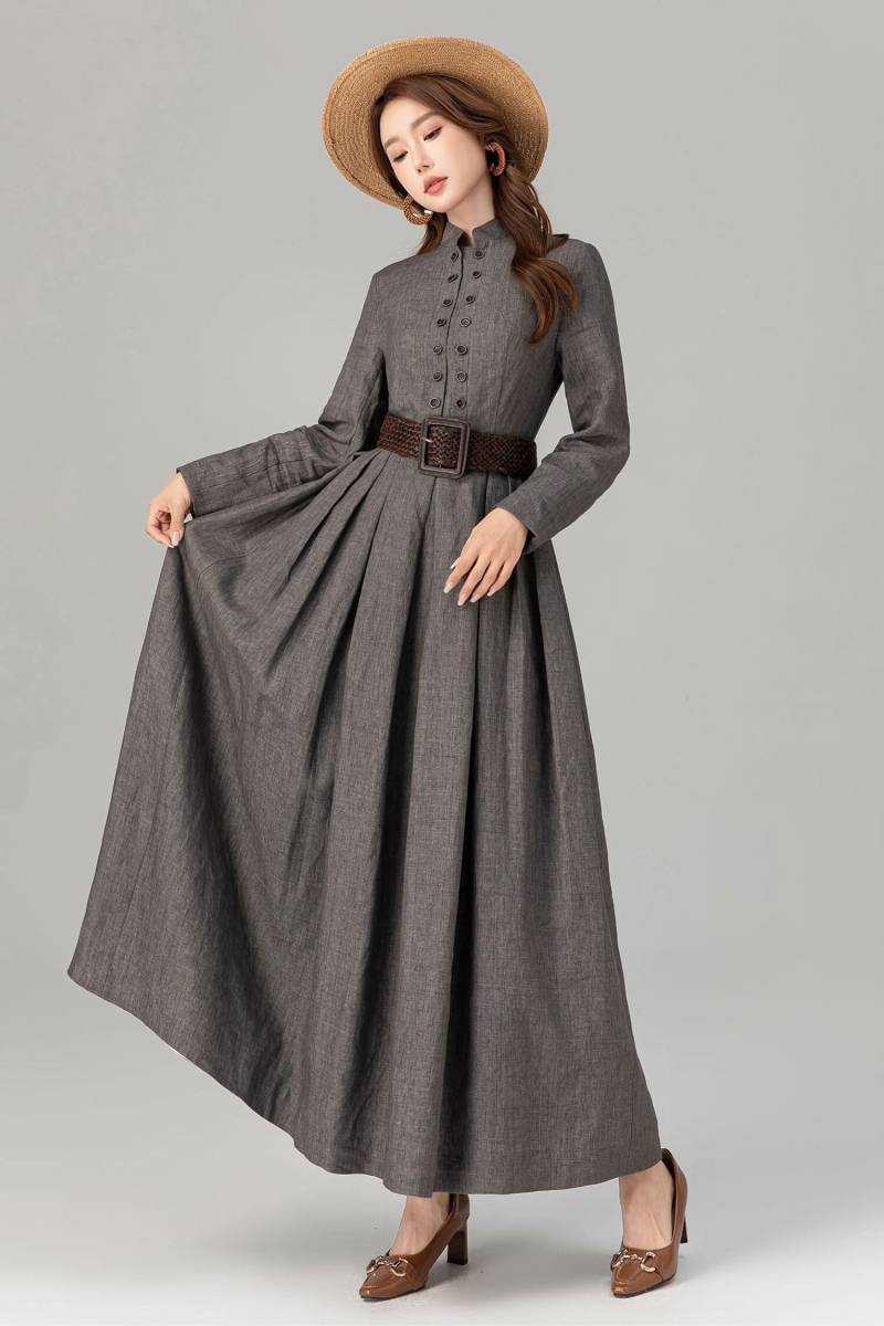 Plissiertes Leinen Maxi Kleid Langarm Rollkragen Swing Kleid, Mittelalter, Herbst Geschenk, Xiaolizi 4923 von xiaolizi