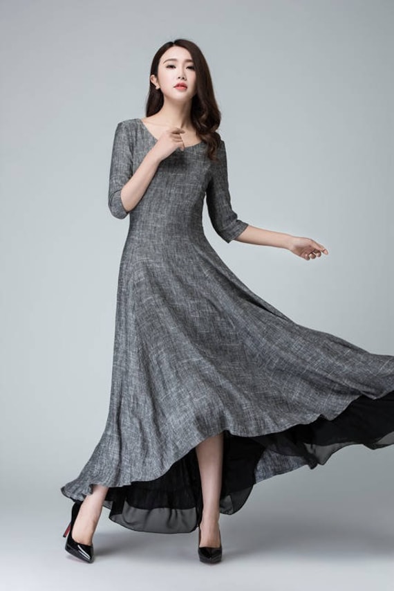 Leinenkleid, Maxikleid, Graues Kleid, Sommerkleid, Damenkleider, Freizeitkleid, Urlaubskleid, Handgefertigtes Xiaolizi 1451 # von xiaolizi