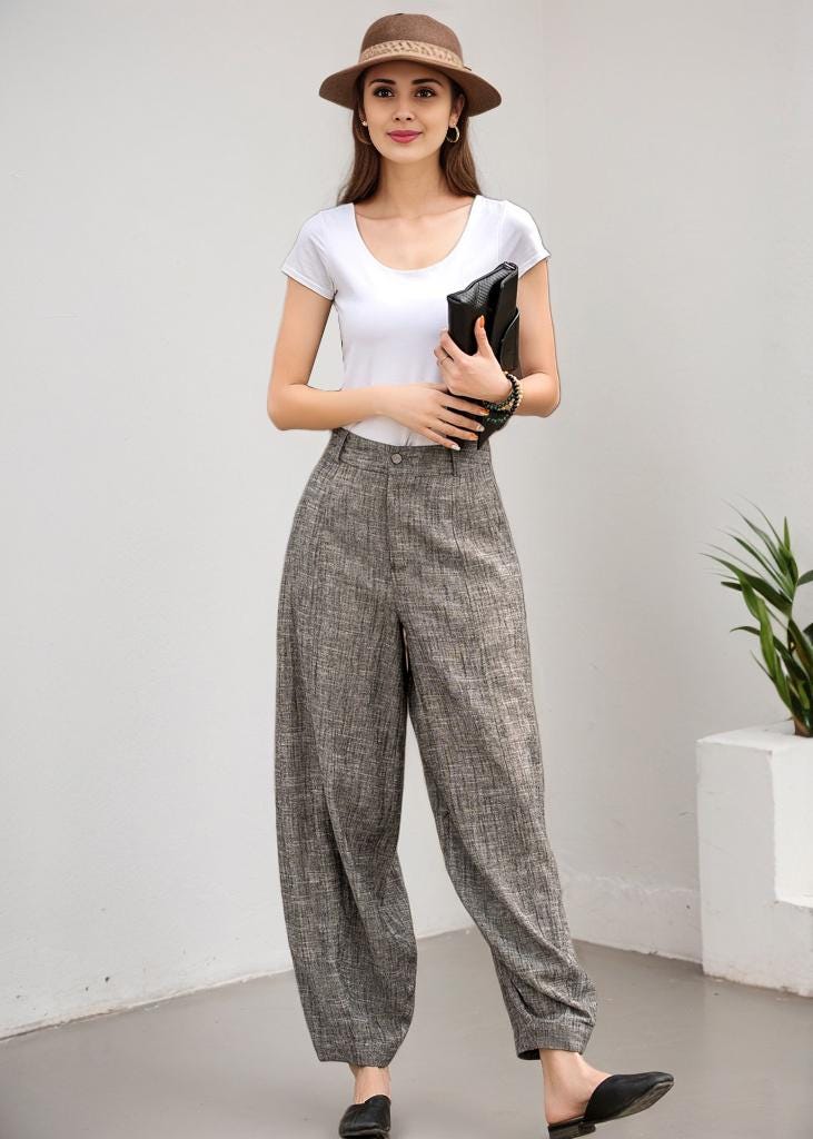 Lockere Lange Leinenhose in Grau, Lässige Baggy Haremshose, Haremshose Frauen, Leinen Baggyhose, Damen Frühlingshose, Xiaolizi 2849# von xiaolizi