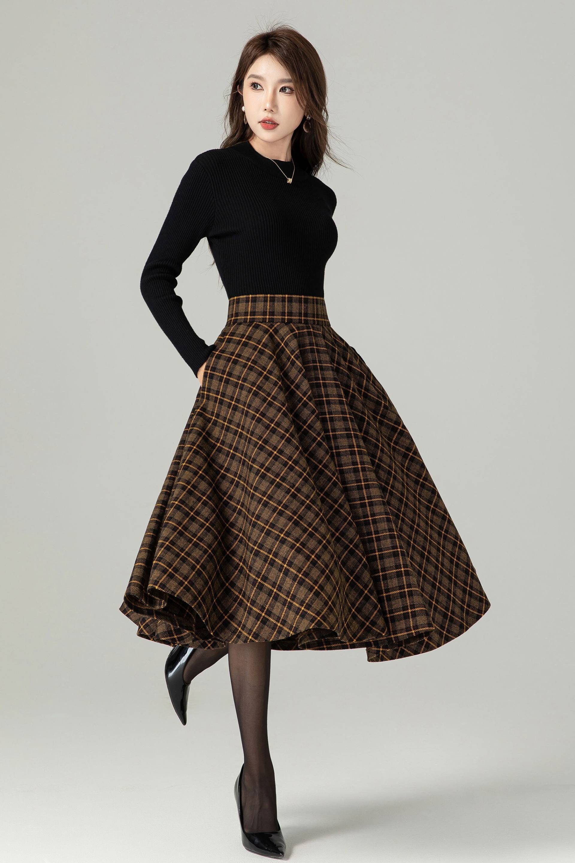 Midi-Woll-Karorock, Swing-Wollrock, Woll-Kreisrock, Winter-Herbst-Rock Für Damen, Hoch Taillierter Wollrock, Retro-Tartan-Wollrock 4498 von xiaolizi