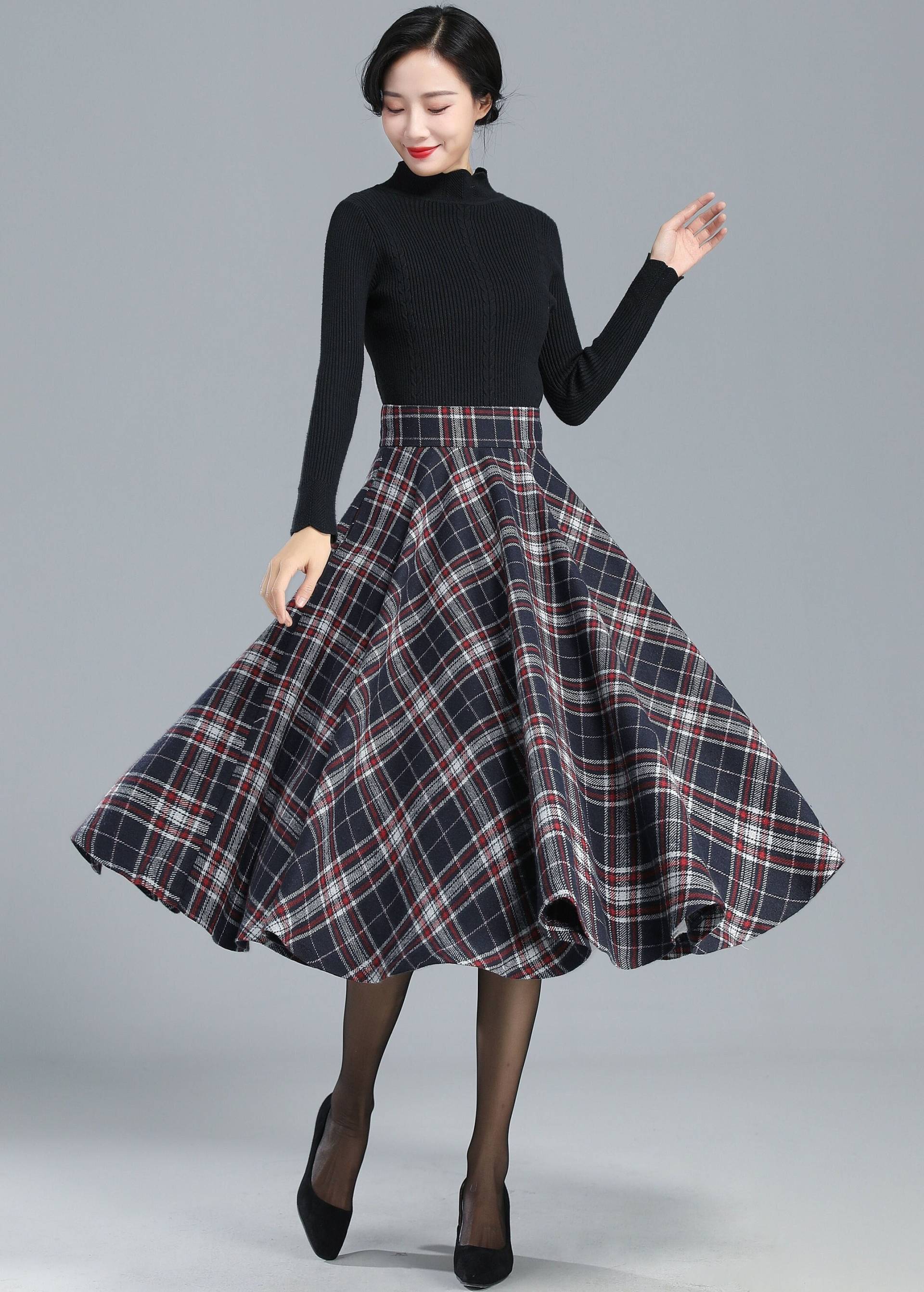 Midi Wollrock Kariert, Wolle Tellerrock, Swing Rock, Winter Herbst Rock Frauen, Hohe Taille Ausgestellter Retro Tartan 3244 # von xiaolizi