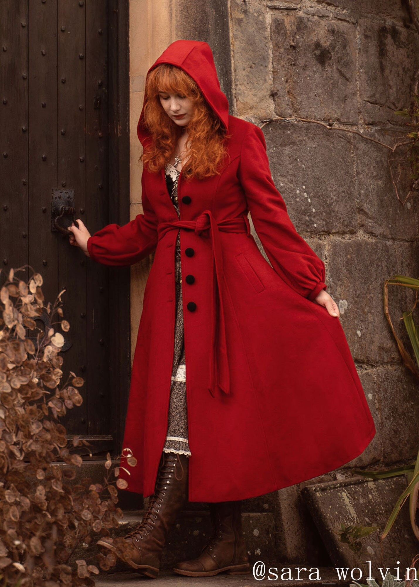 Retro Maxi Wollmantel, Roter Wollmantel Mit Kapuze, Laterne Ärmel Winter Warm Outwear Mantel Für Frauen, Custom 3161 von xiaolizi