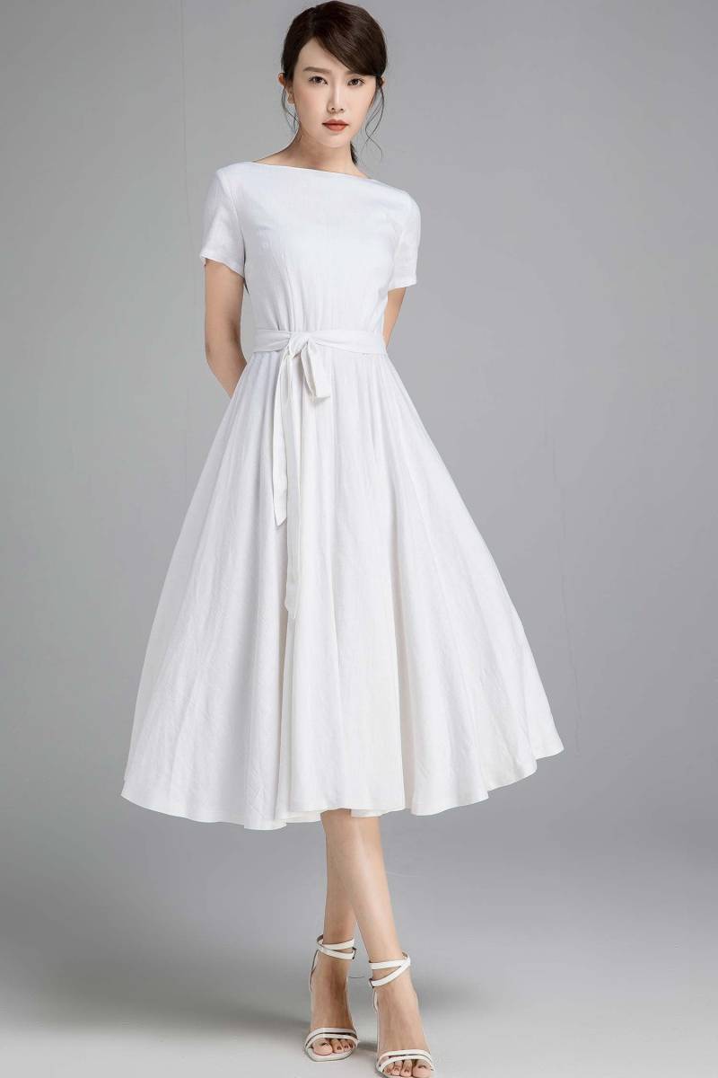 Familienkleid, Hochzeitskleid, Midikleid, Weißes Kleid Für Frauen, Swingkleid, Leinenkleid, Brautjungfernkleid, Xiaolizi 2350 von xiaolizi
