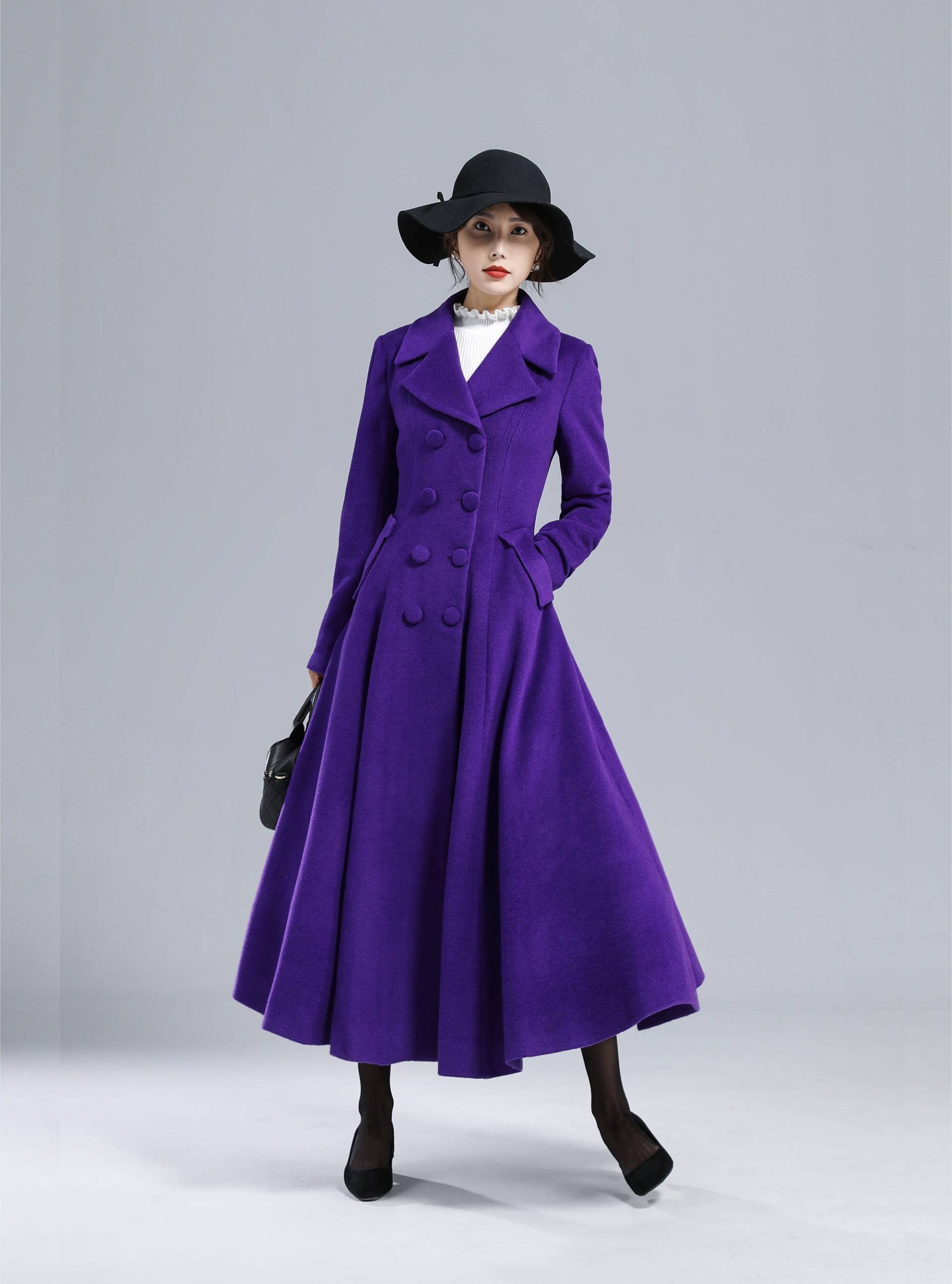 Vintage Inspiriert Lila Wolle Trenchcoat Frauen, Prinzessin Mantel, Revers Swing Zweireihiger Langer Wollmantel, Wintermantel 3237 von xiaolizi