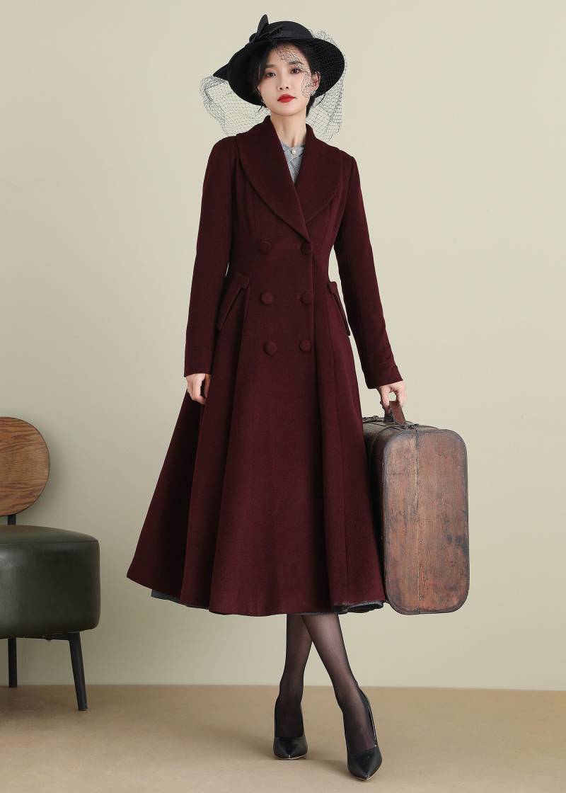 Weinroter Wollmantel, Wolle Prinzessin Mantel, Wintermantel Frauen, A-Line Swing Frauen Langer Warmer Individueller Mantel 3899 von xiaolizi