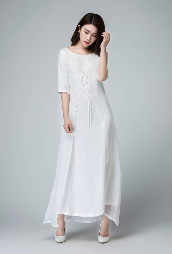 Weißes Leinenkleid, Leinen Wickelkleid, Damenkleid, Langes Lockeres Sommerkleid 1485# von xiaolizi