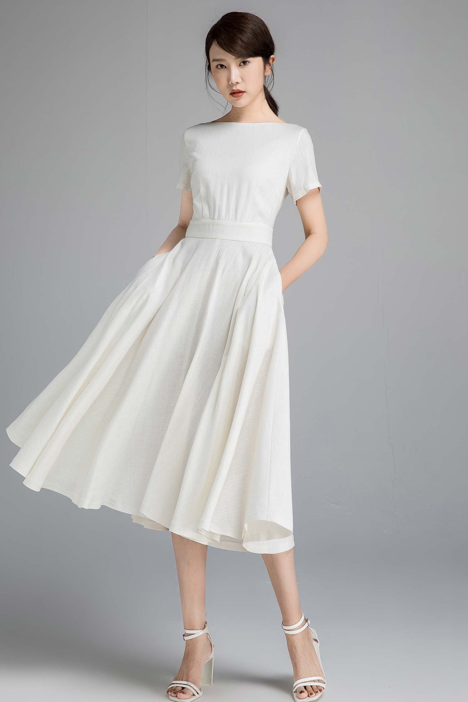 Weißes Leinenkleid, Weißes Kleid Frauen, Kurzarm Frauenkleid, Sommerkleid, Kleid, U-Boot-Ausschnitt, Partykleid 2338 # von xiaolizi
