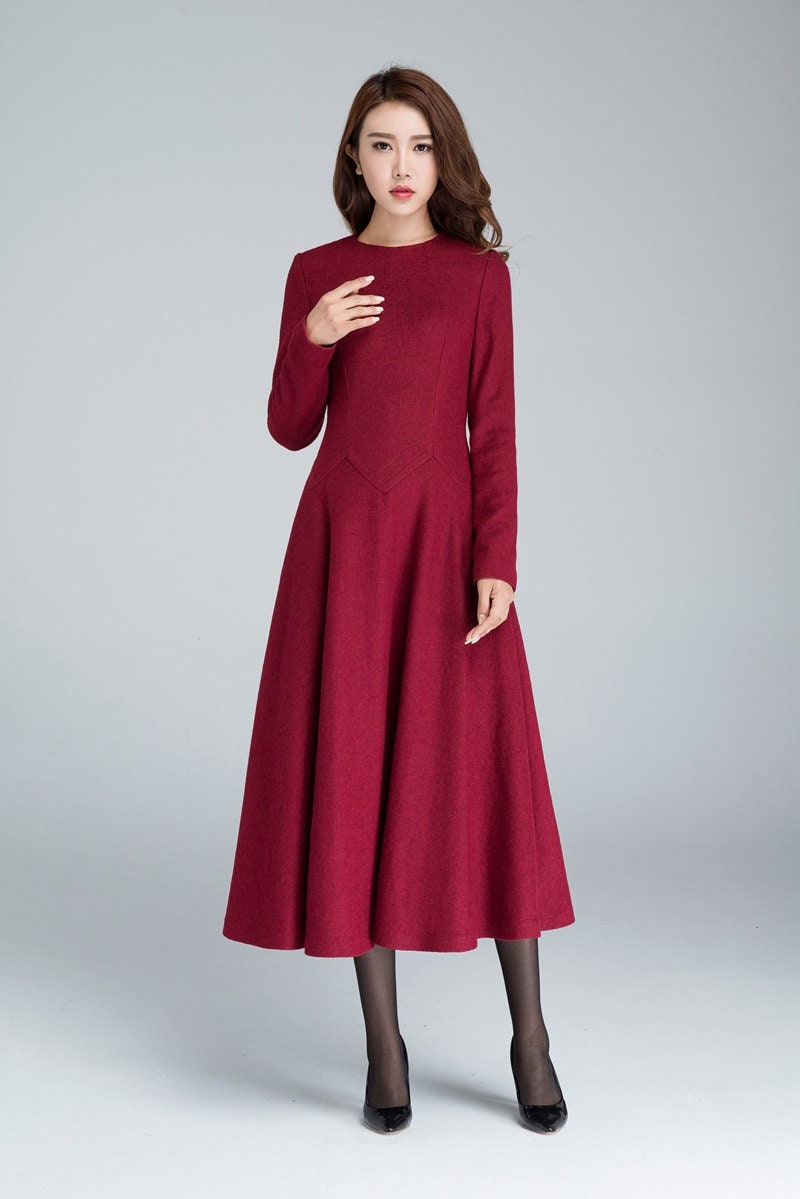 Wollkleid Vintage, Damenkleider Lässig, Rotes Kleid Frauen, Midi Winterkleid, Herbstkleid Für Damenkleider, Tailliertes 1618 # von xiaolizi