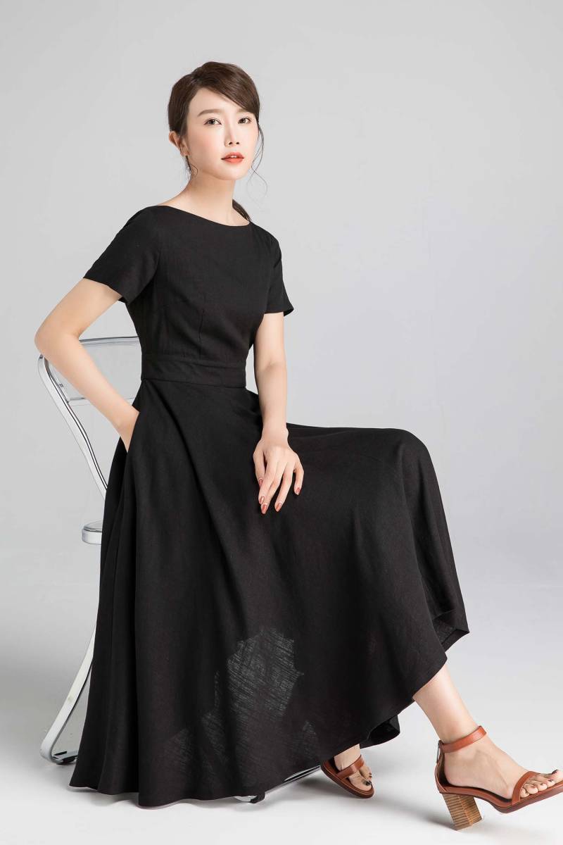 Wurfschwarzes Kleid, Schwarzes Fit Und Flare Leinen Midi Frauen Kleid Mit Taschen, U-Boot Cocktailkleid 2343 # von xiaolizi