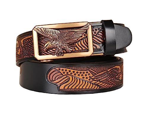 xichuangyuXCY Men's Ratchet Belt Classical Style Retro Dragon Ratchet Buckle Men's Leather Belt Carved Belt Casual Business Belt (Black Eagle Pattern 1) von xichuangyuXCY