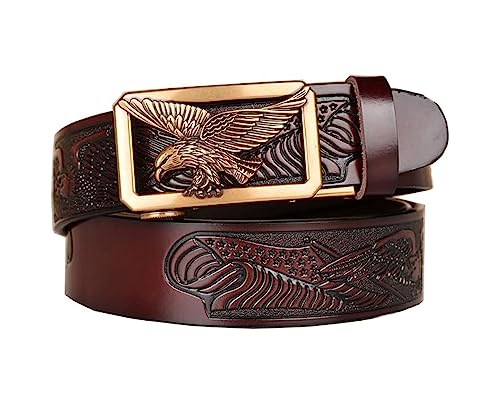 xichuangyuXCY Men's Ratchet Belt Classical Style Retro Dragon Ratchet Buckle Men's Leather Belt Carved Belt Casual Business Belt (Brown Eagle Pattern 1) von xichuangyuXCY