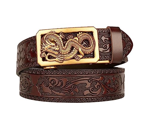 xichuangyuXCY Men's Ratchet Belt Classical Style Retro Dragon Ratchet Buckle Men's Leather Belt Carved Belt Casual Business Belt (Brown Flower Pattern Dragon 3) von xichuangyuXCY