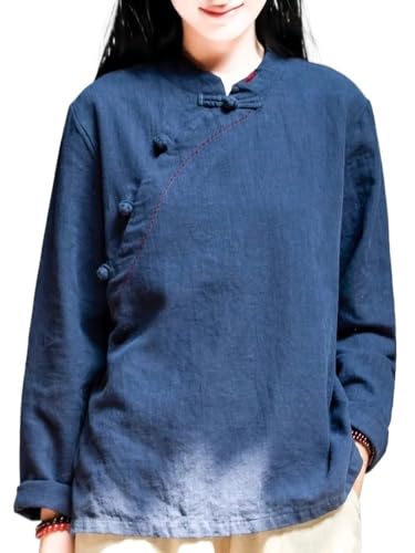 2024 Retro Ethnischen Stil Chinesische Tops Frauen Plus Größe Traditionelle Hanfu Bluse Lose Beiläufige Baumwolle Leinen Hemd (Color : Dark blue, Size : M) von xinrishe