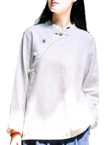 2024 Retro Ethnischen Stil Chinesische Tops Frauen Plus Größe Traditionelle Hanfu Bluse Lose Beiläufige Baumwolle Leinen Hemd (Color : Gray, Size : M) von xinrishe