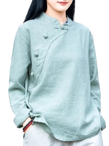 2024 Retro Ethnischen Stil Chinesische Tops Frauen Plus Größe Traditionelle Hanfu Bluse Lose Beiläufige Baumwolle Leinen Hemd (Color : Green, Size : 4XL) von xinrishe