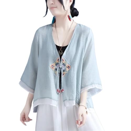 Sommer Retro Top Im Ethnischen Stil, Übergröße Gefälschte Zweiteilige Fließende Strickjacke Chinesische Stickerei Traditionelle Hanfu Bluse (Color : Green, Size : M) von xinrishe